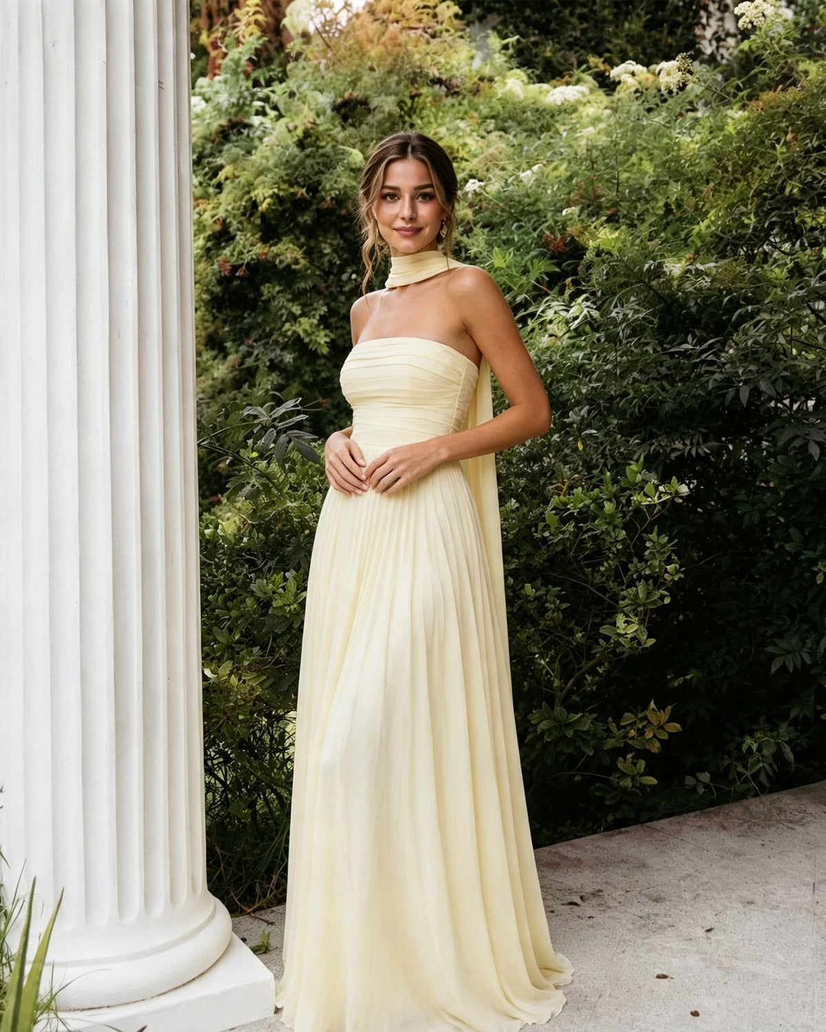 strapless chiffon a-line bridesmaid dress with neck scarf and lace-up back - three-quarter front view
