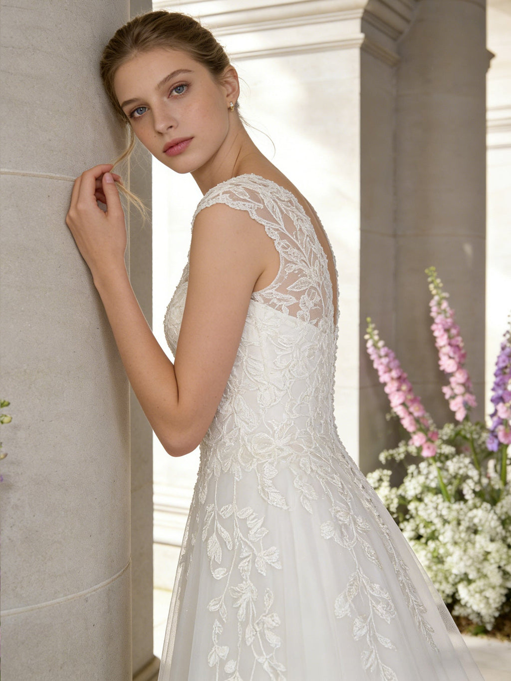 sleeveless V-neck lace sheath wedding dress with court train - image 5