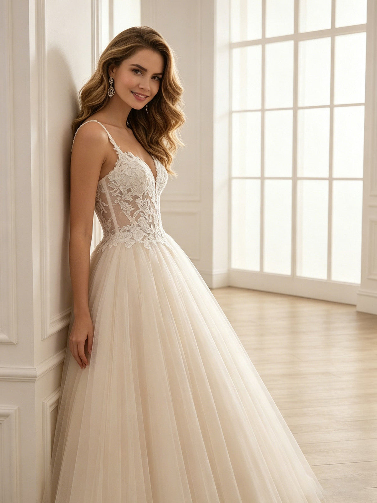 spaghetti strap lace tulle ball gown wedding dress with beaded bodice - image 5