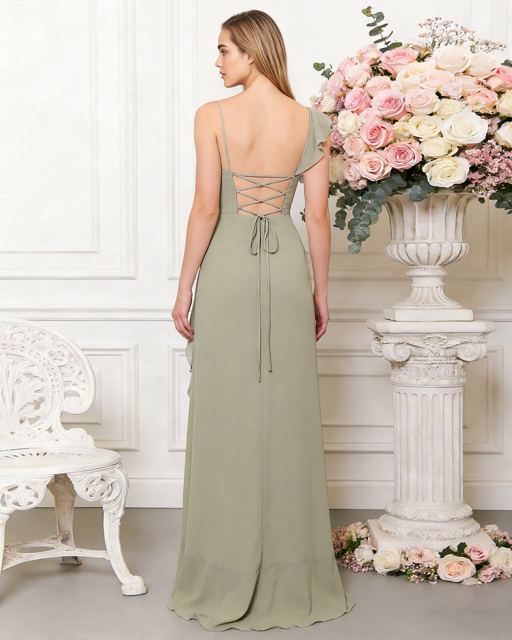 V-neck ruffle strap chiffon bridesmaid dress with cascading skirt - image 7