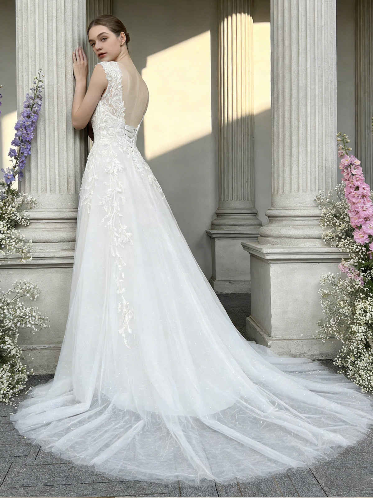sleeveless V-neck lace sheath wedding dress with court train - image 6
