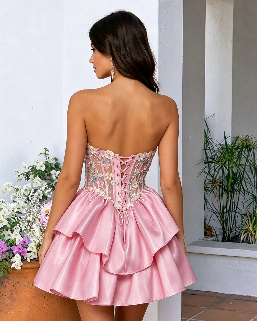 pink spaghetti strap crystal corset tiered satin homecoming dress - alternate view