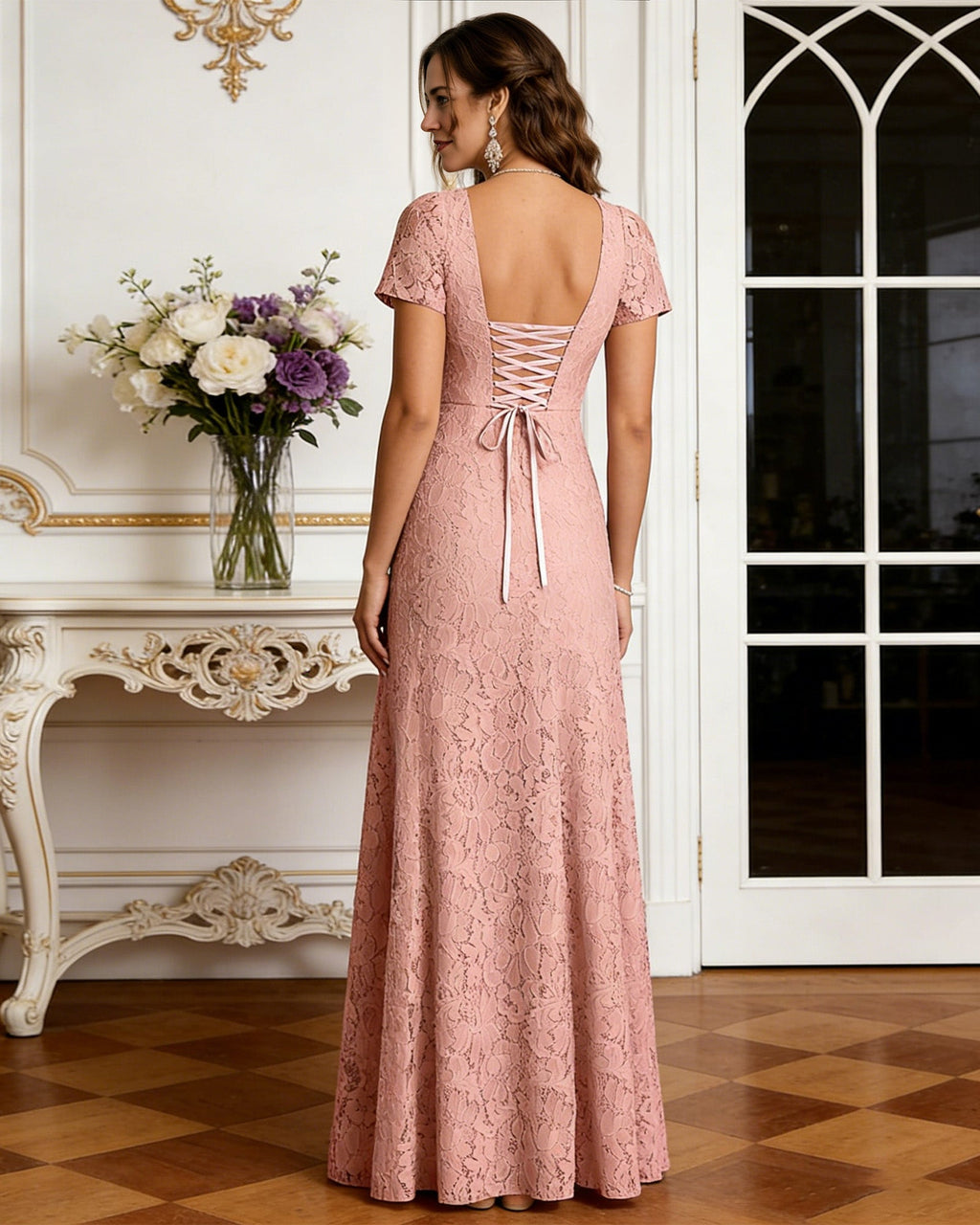 long lace mother of the bride mermaid dress with crew neckline and short sleeves back or side view for mother of the bride occasion styling