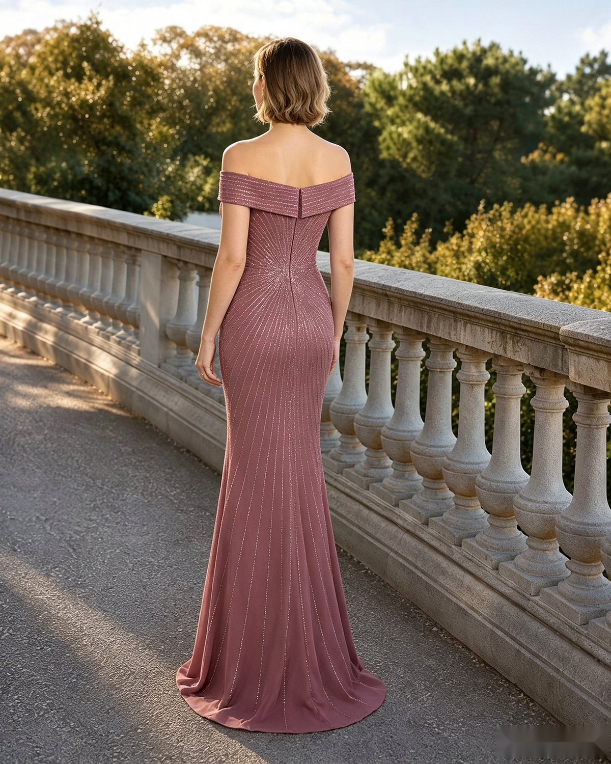 Off-Shoulder Metallic Ruched Mermaid Mother of the Bride Dress - full back view