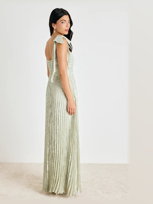 Red Pleated Floral A-Line Maxi Chiffon Formal Dress for Cocktail Party