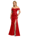 Off Shoulder Sequin Sheath Prom Dress with Foldover Neckline and Slit