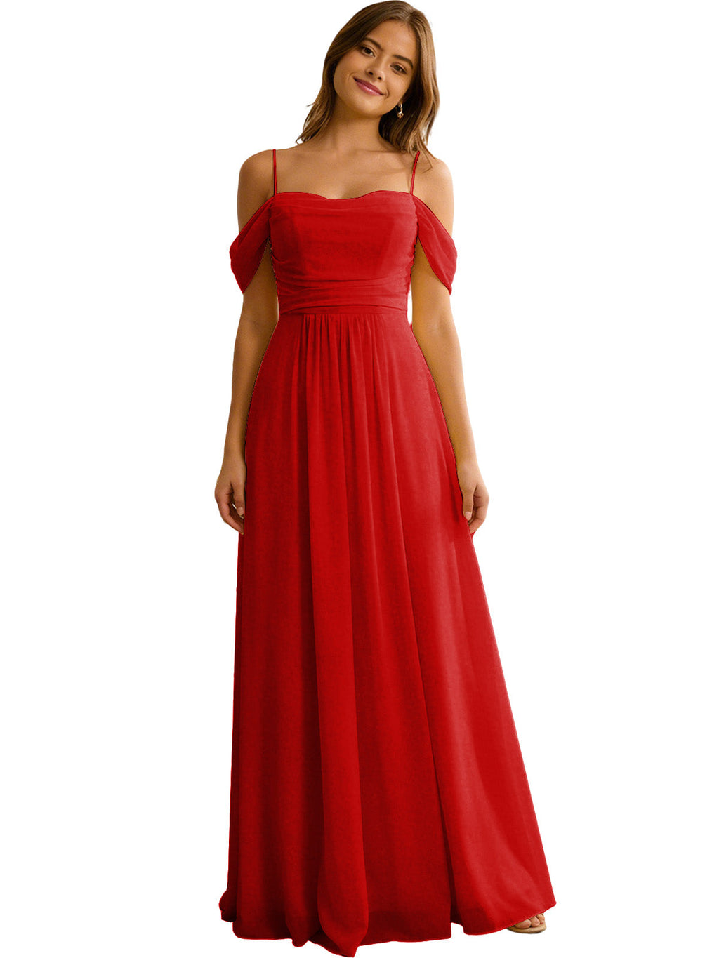 Off Shoulder Chiffon Bridesmaid Dress with Soft Pleated Bodice