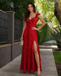 Ruffle V-Neck Lace-Up Back Chiffon Formal Dress with High Slit