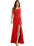 One Shoulder Ruched Chiffon Bridesmaid Dress with Front Slit