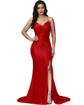 Spaghetti Strap Ruched Satin Trumpet Prom Dress with Lace Bodice and Slit