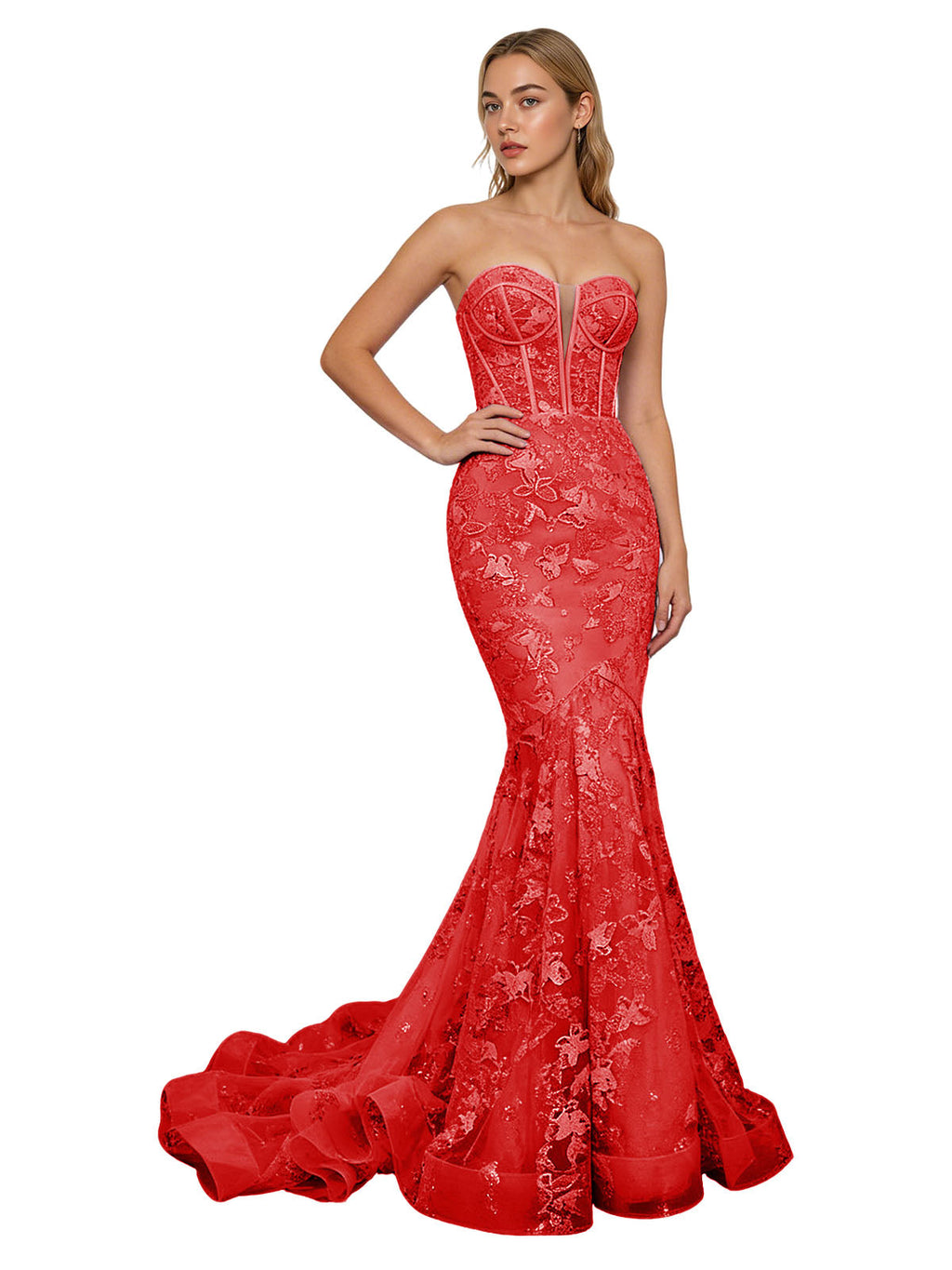 Strapless Lavender Lace Mermaid Prom Dress with Sheer Corset and Train