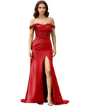 Off Shoulder Ruched Satin Prom Dress with Basque Waist and Front Slit