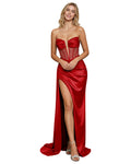 Strapless Draped Satin Mermaid Prom Dress with Corset Panels and Slit