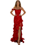 Off Shoulder Ruffle High Low Prom Dress with Tiered dress and Corset Waist