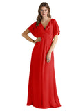 Short Sleeve V-Neck Chiffon Bridesmaid Dress with Gathered Waist