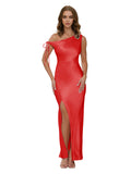 One Shoulder Satin Bridesmaid Dress with Tie Sleeve and Front Slit