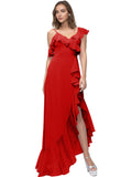 Asymmetrical Ruffle Chiffon Bridesmaid Dress with High Low Slit