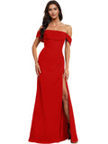 Off Shoulder Crepe Bridesmaid Dress with Foldover Neckline and Slit