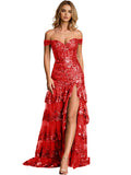 Off Shoulder Sequin Fringe Prom Dress with Corset Top and High Slit