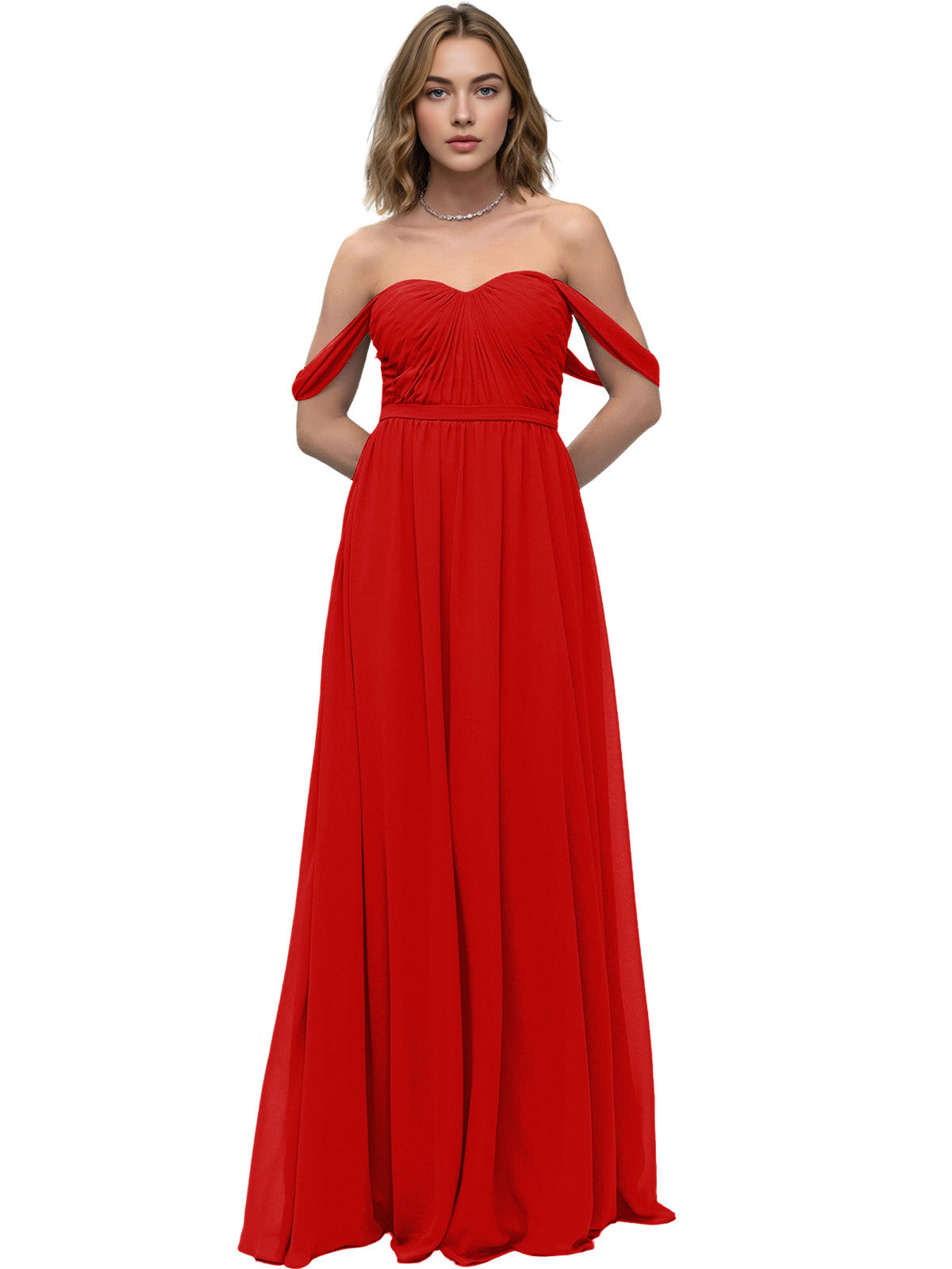 Off Shoulder Sweetheart Chiffon Bridesmaid Dress with Ruched Bodice