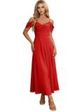 Off Shoulder Midi Bridesmaid Dress with Pleated Bodice and Flowing dress