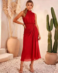 High Neck Chiffon Midi Formal Dress with Ruched Waist