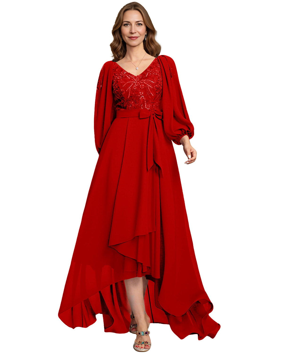 High Low Mother of the Bride Dress Lace Bodice Chiffon Jacket Formal Wedding Gown