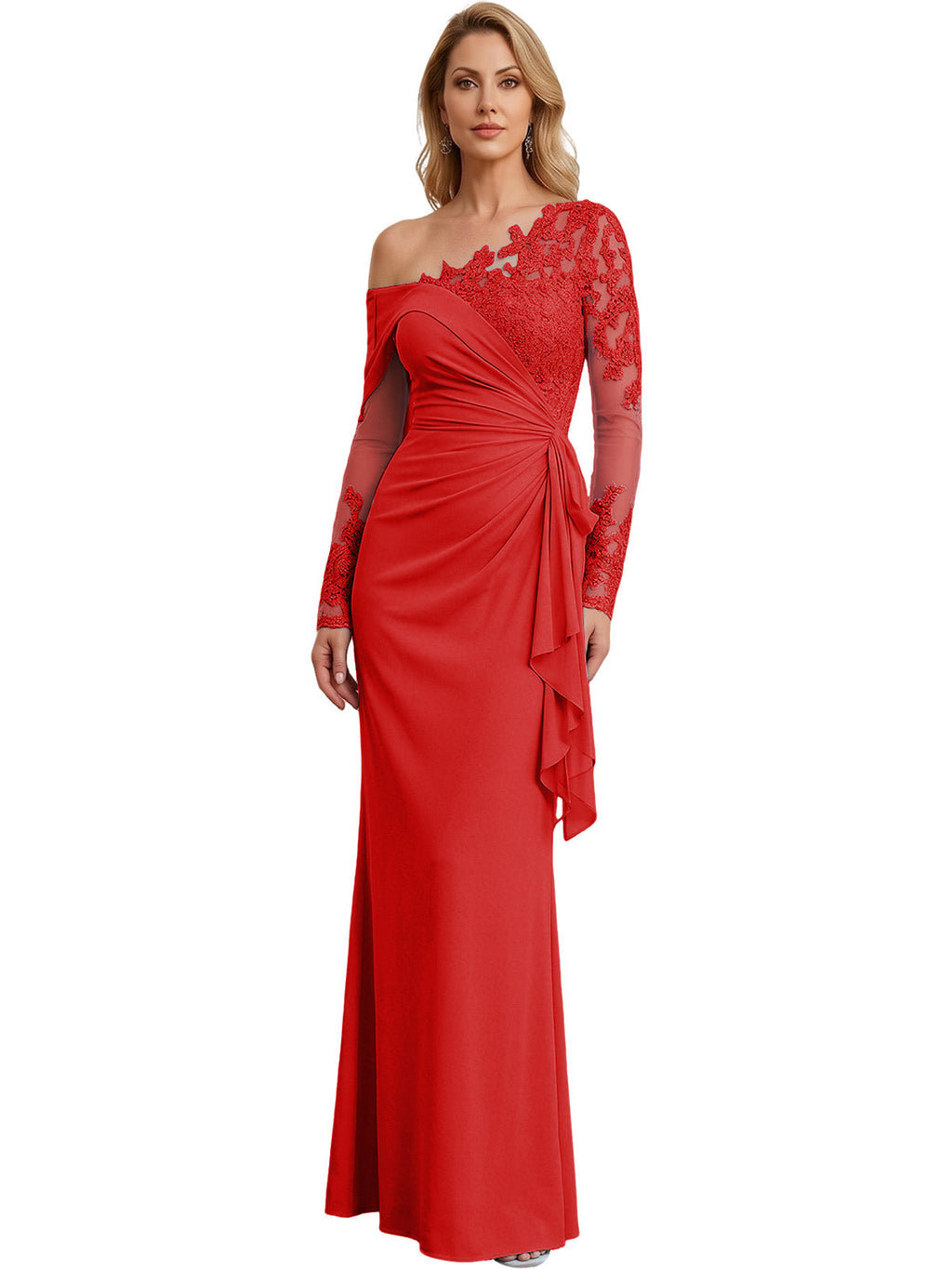 One Shoulder Mother of the Bride Gown Long Lace Sleeve Mermaid Dress with Draped Ruffle