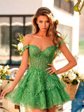 Off Shoulder Lace Homecoming Dress with Glitter Tulle A-Line Dress