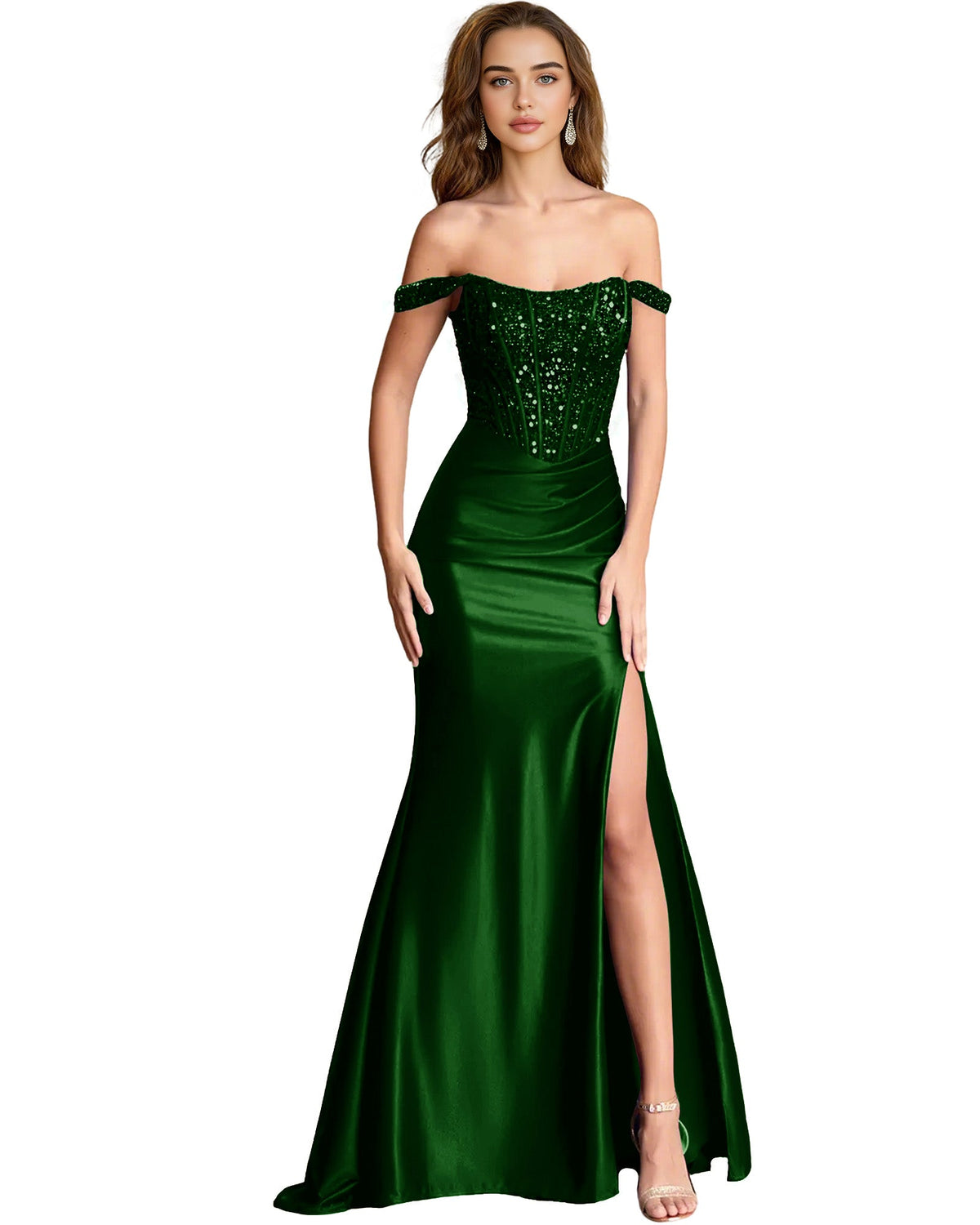 Off Shoulder Sequin Satin Mermaid Dress with Draped dress Slit