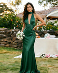 Plunging Halter Satin Formal Dress with Ruched Waist