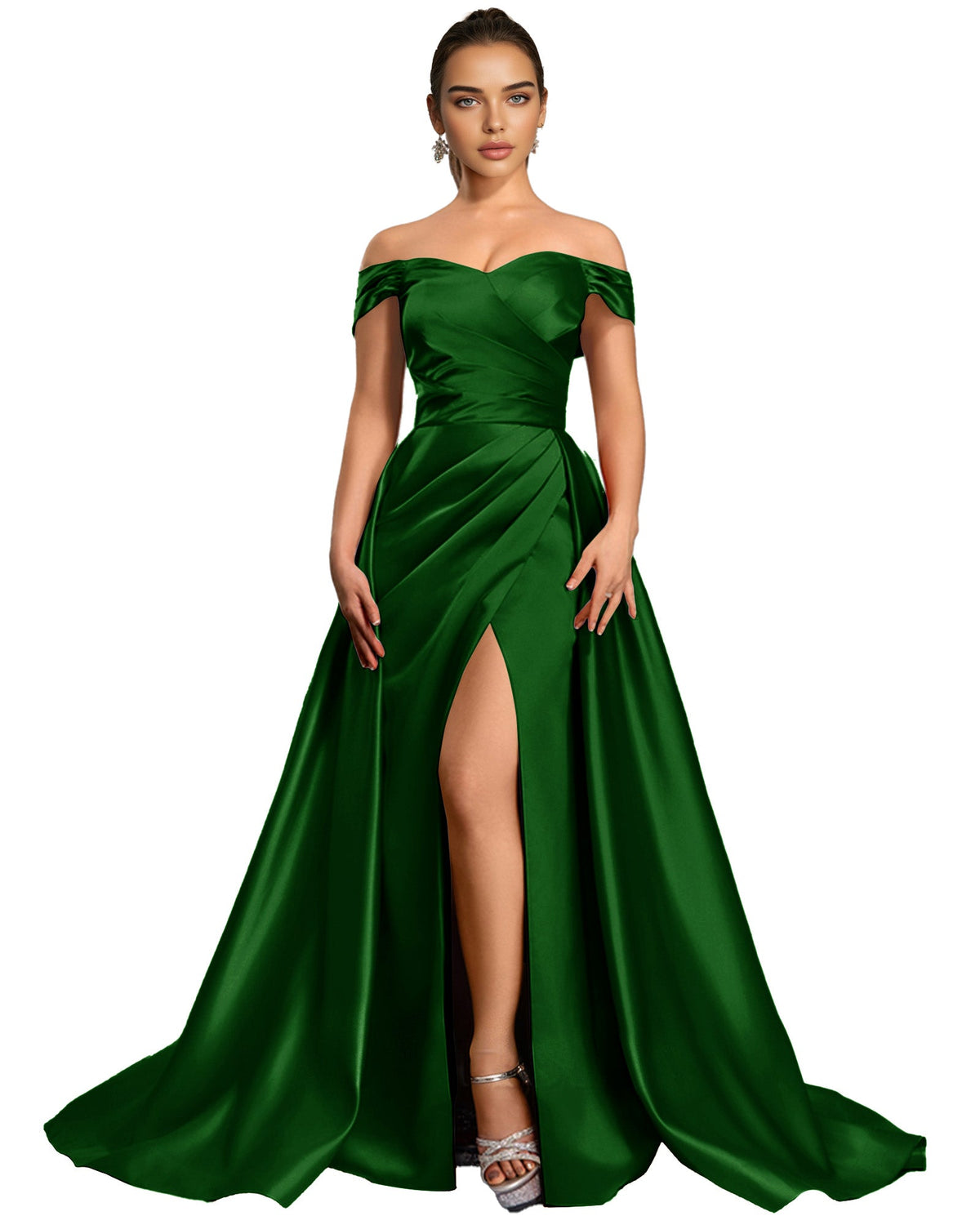 Off Shoulder Satin Ball Gown Prom Dress with Draped Bodice and Slit