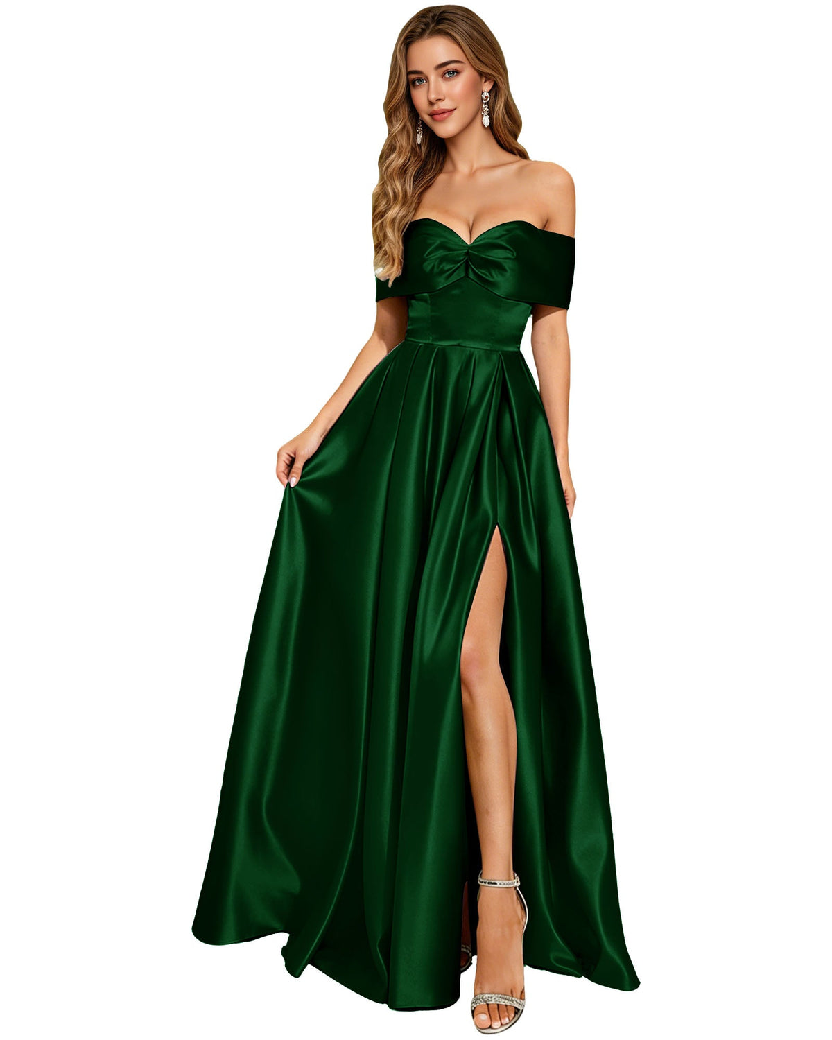 Strapless Bow Satin A-Line Prom Dress with Pleated Bodice and Slit