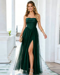 Strapless Corset Tulle Formal Dress with High Slit