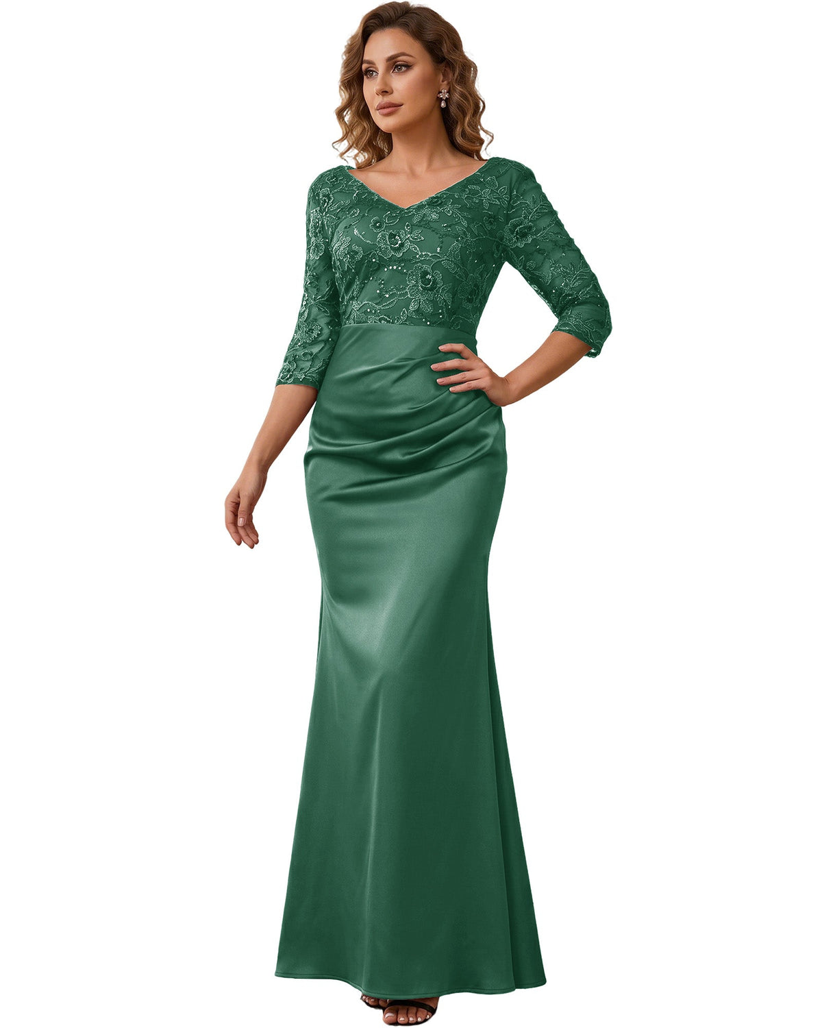 Mother of the Bride Dress Long Lace Mermaid Formal Gown with 3/4 Sleeves