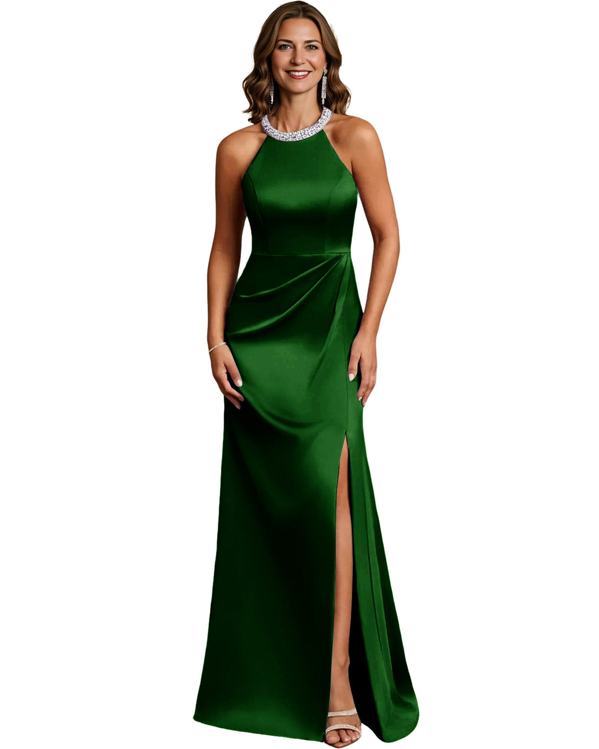 Halter Neck Mother of the Bride Dress Satin Mermaid Gown with Beaded Collar and Slit