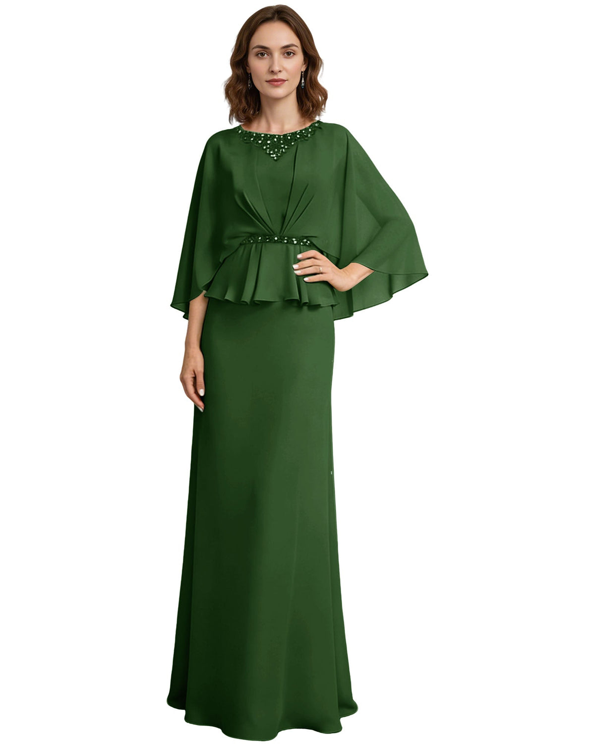 Capelet Mother of the Bride Dress Long Beaded Neck Peplum Chiffon Formal Gown