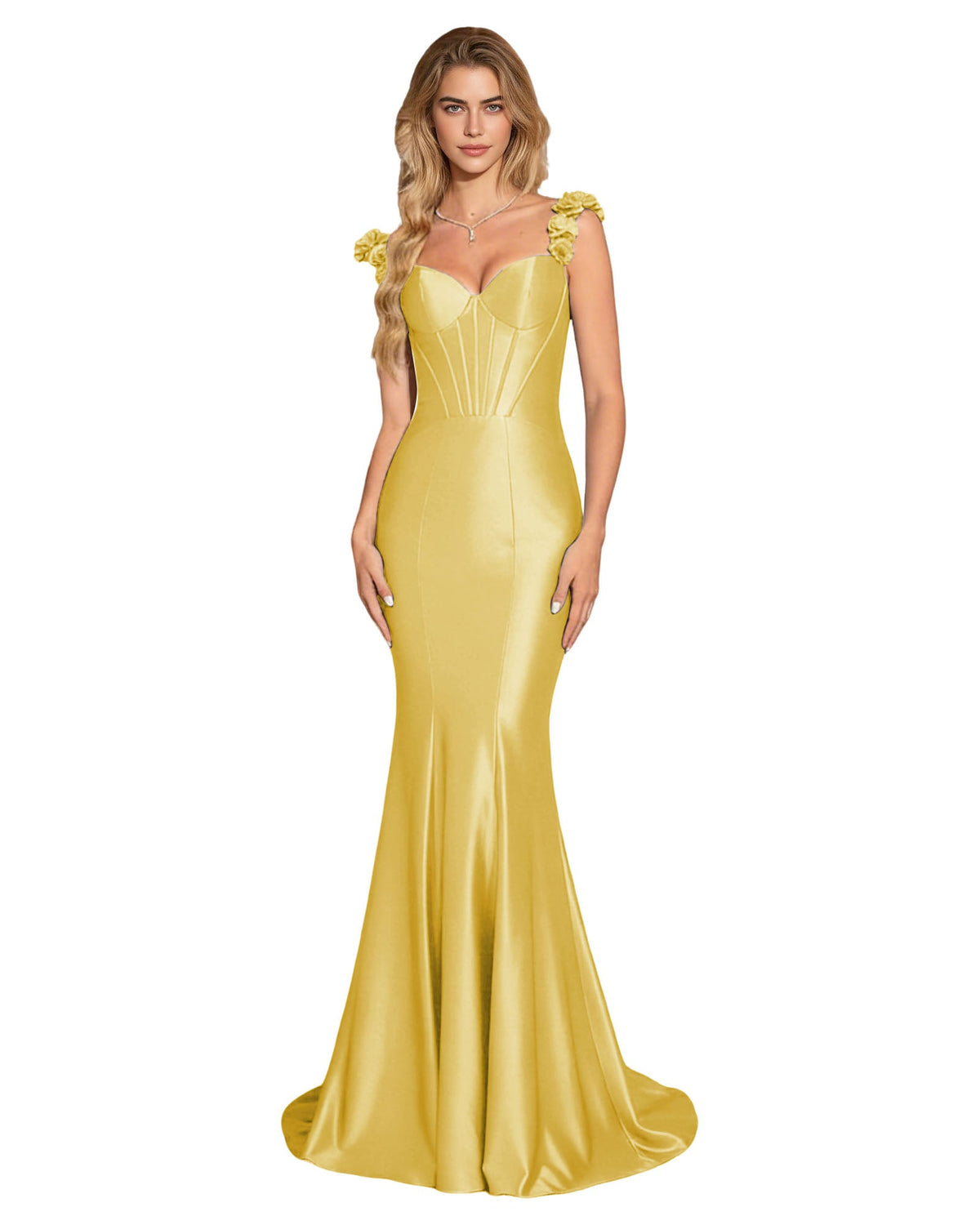 Floral Strap Satin Mermaid Prom Dress with Corset Bodice and Sweep Train
