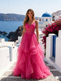 Spaghetti Strap Lace Corset Tulle Prom Dress with Ruffle Dress