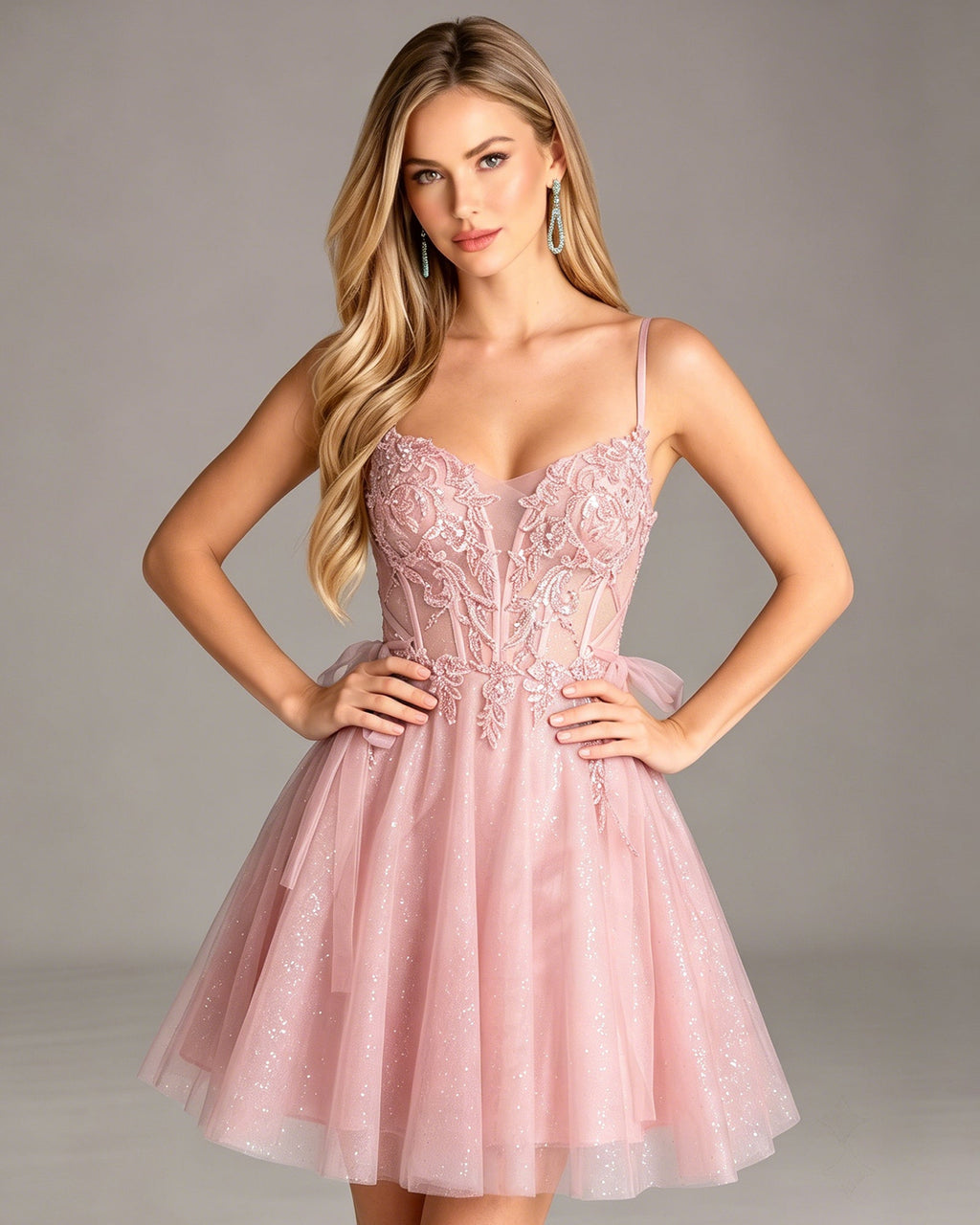 Sheer Corset Lace Applique Glitter Tulle Homecoming Dress