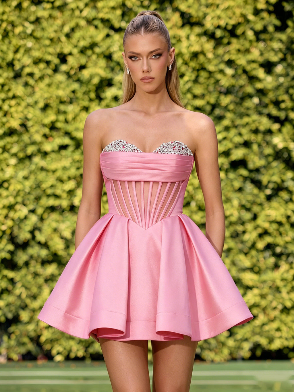 Strapless Crystal Corset Satin A-Line Homecoming Dress