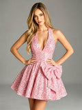 Halter Sequin Bow A-Line Homecoming Dress