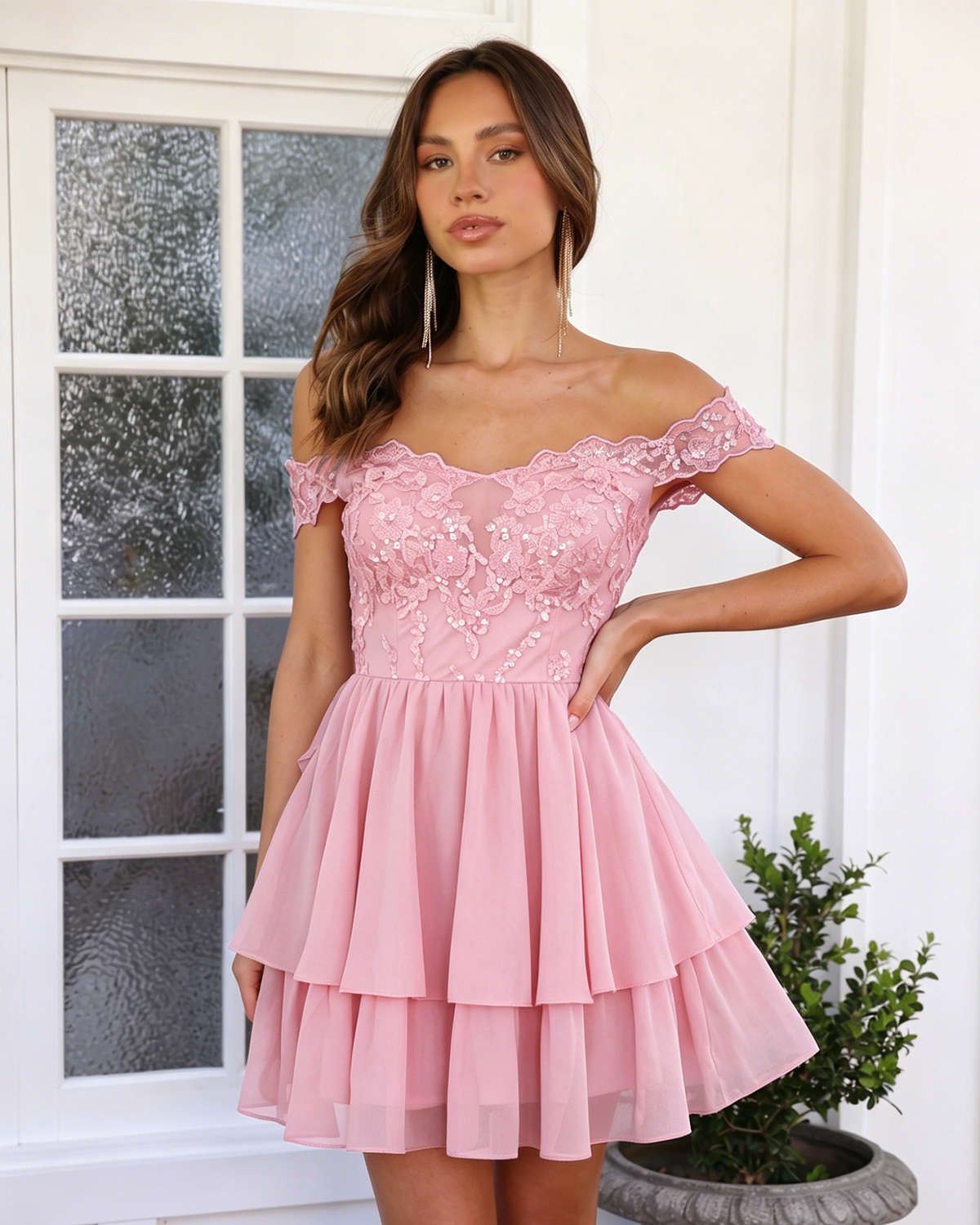 Off Shoulder Lace A-Line Homecoming Dress with Tiered Dress