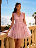 V Neck Beaded Waist Glitter Tulle Homecoming Dress