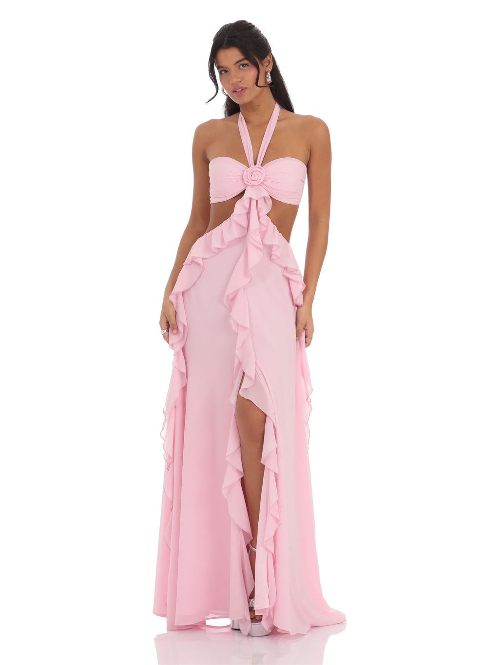 Cut-Out Ruffled A-Line Maxi Chiffon Bridesmaid Dress for Church Wedding