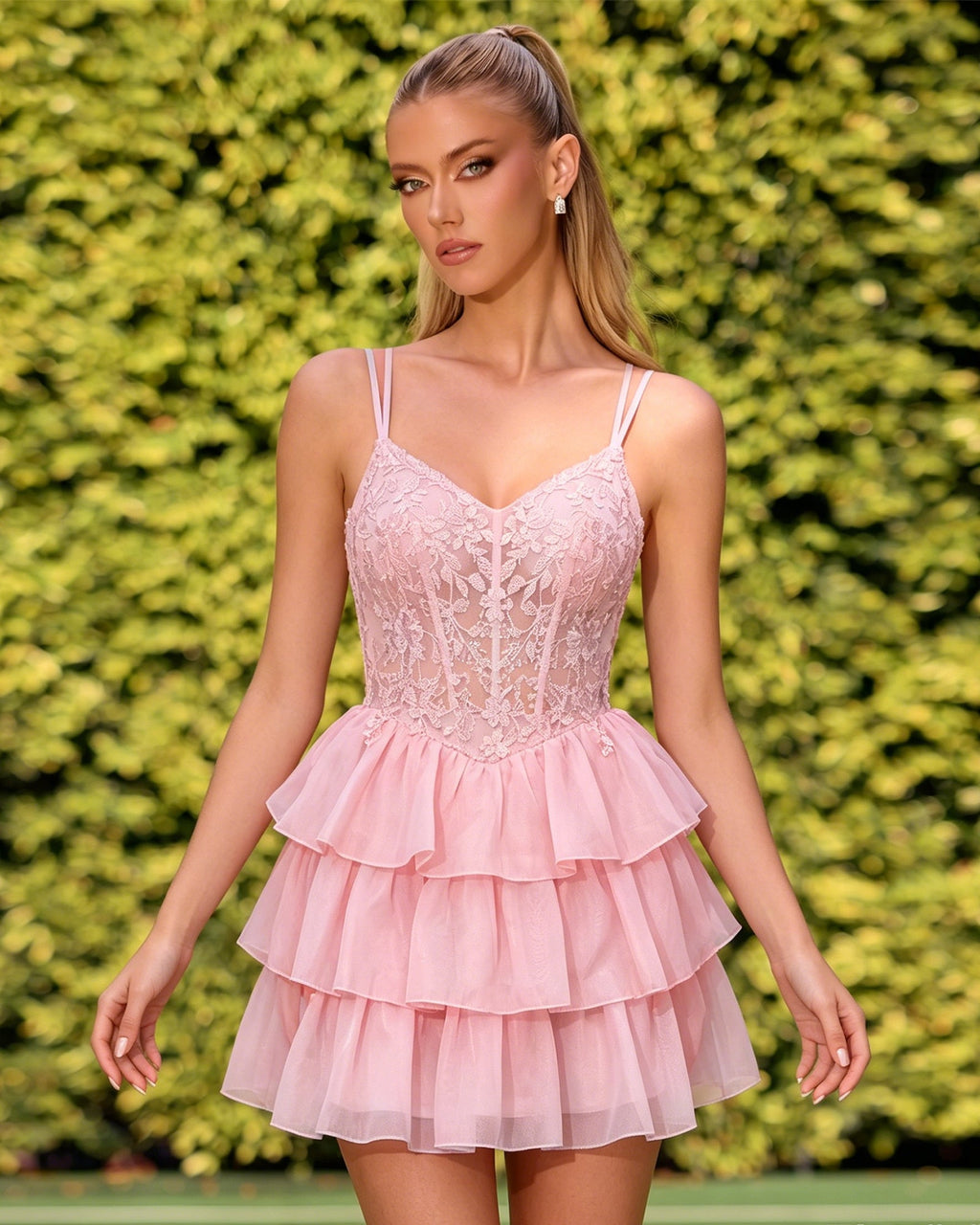 Double Strap Lace Corset Homecoming Dress with Tiered Tulle Dress