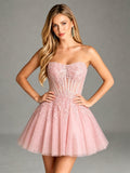Strapless Lace Applique Glitter Tulle Homecoming Dress