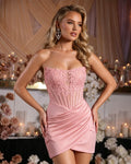 Strapless Lace Applique Ruched Satin Mini Dress with Wrap Dress