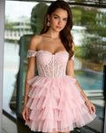 Off Shoulder Lace Corset Tulle Homecoming Dress with Tiered Layers