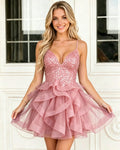 Sequin V Neck Corset Homecoming Dress with Organza Ruffle Dress